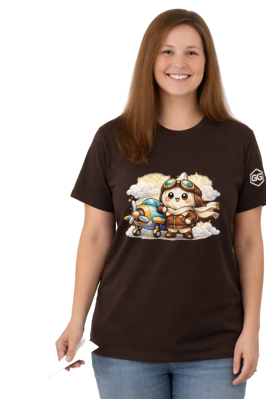 model:3:f | Knoblauch Pilot T-Shirt – Model photo in Dark Chocolate – Woman