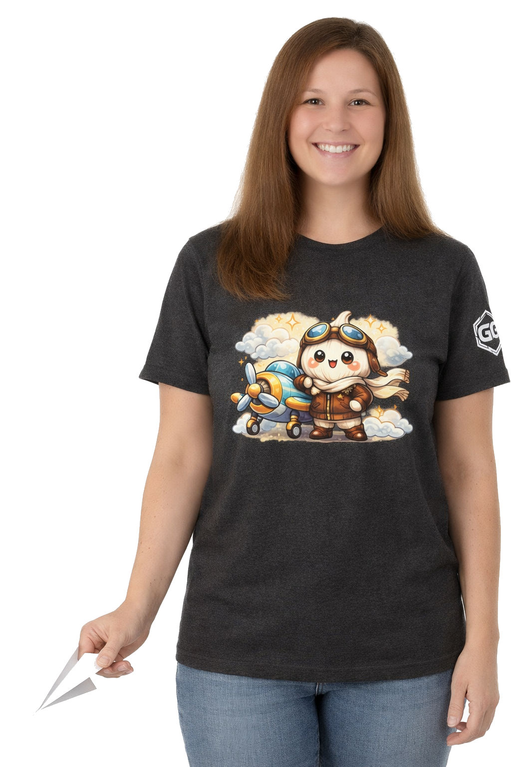 model:6:f | Knoblauch Pilot T-Shirt – Model photo in Dark Heather – Woman