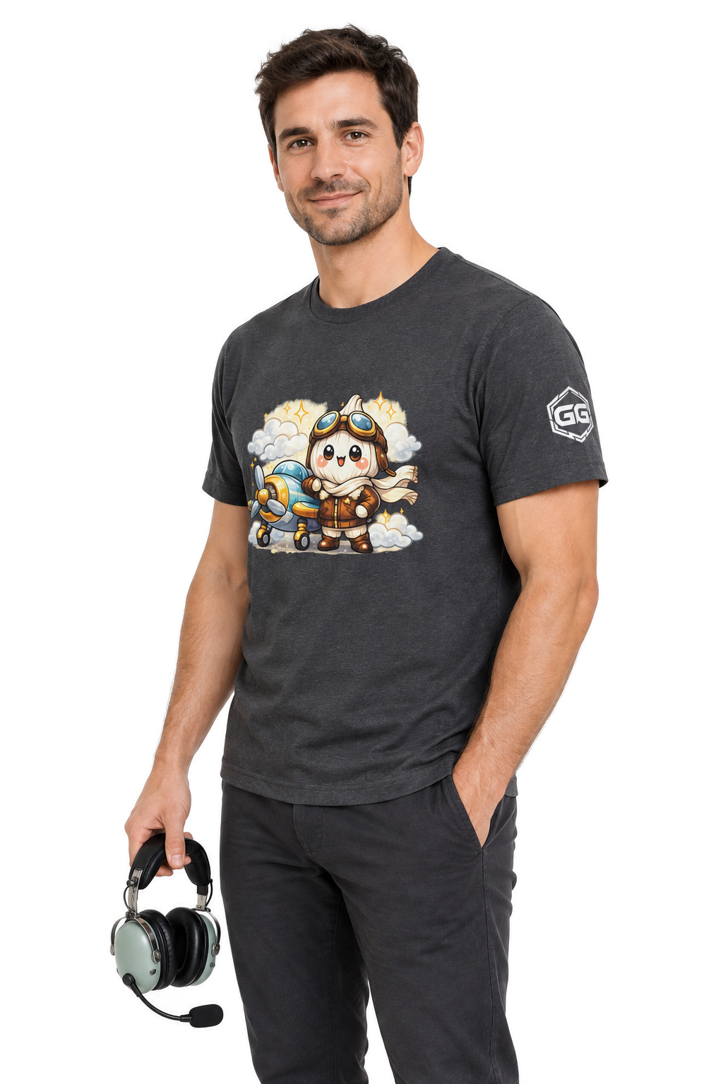 model:6:m | Knoblauch Pilot T-Shirt – Modelfoto in Dunkelmeliert – Mann