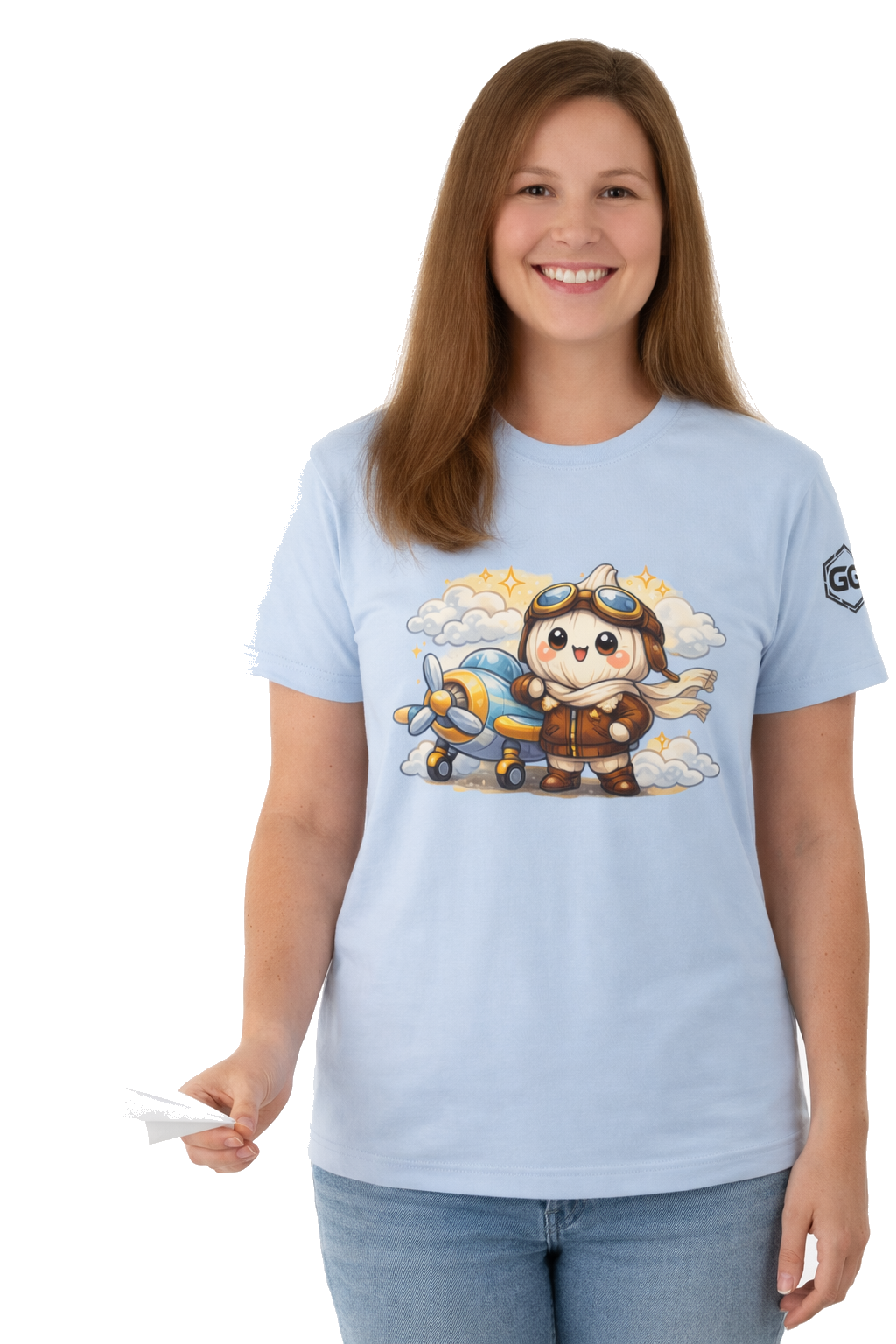 model:7:f | Knoblauch Pilot T-Shirt – Model photo in Light Blue – Woman