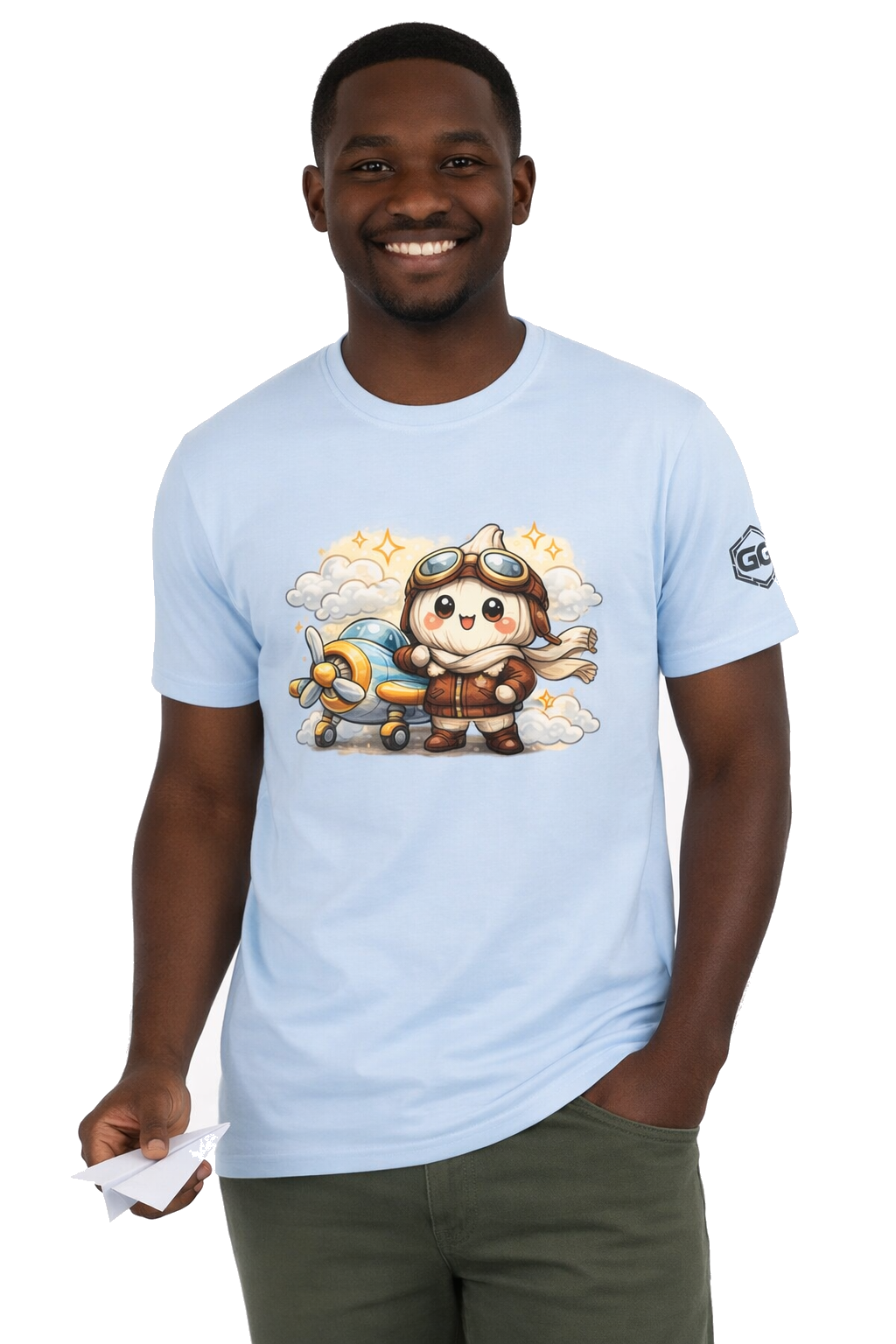 model:7:m | Knoblauch Pilot T-Shirt – Model photo in Light Blue – Man