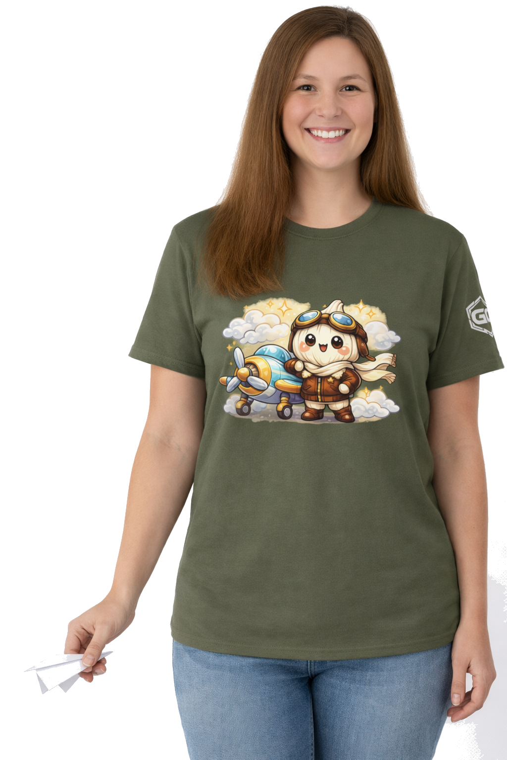 model:5:f | Knoblauch Pilot T-Shirt – Model photo in Military Green – Woman