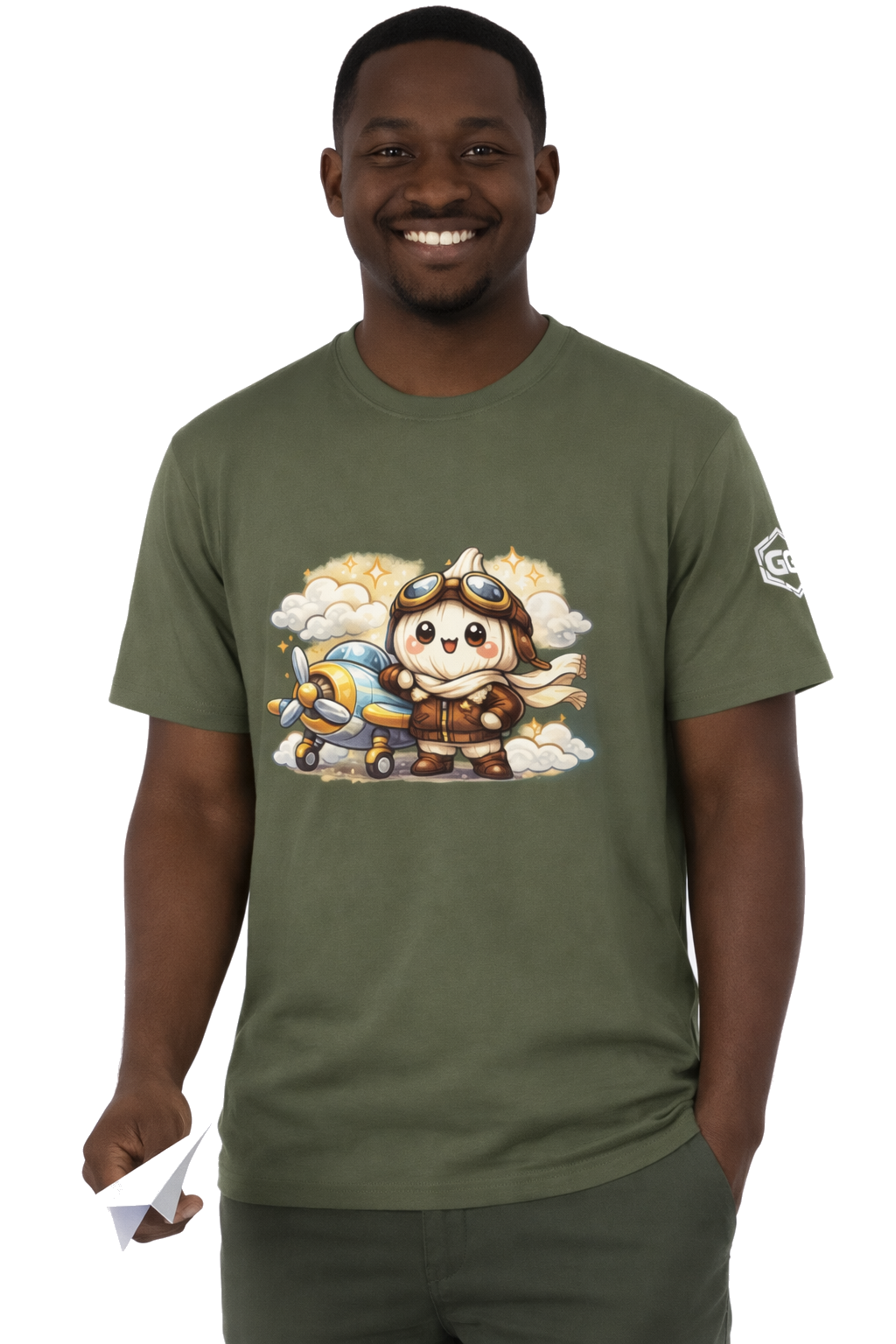 model:5:m | Knoblauch Pilot T-Shirt – Model photo in Military Green – Man