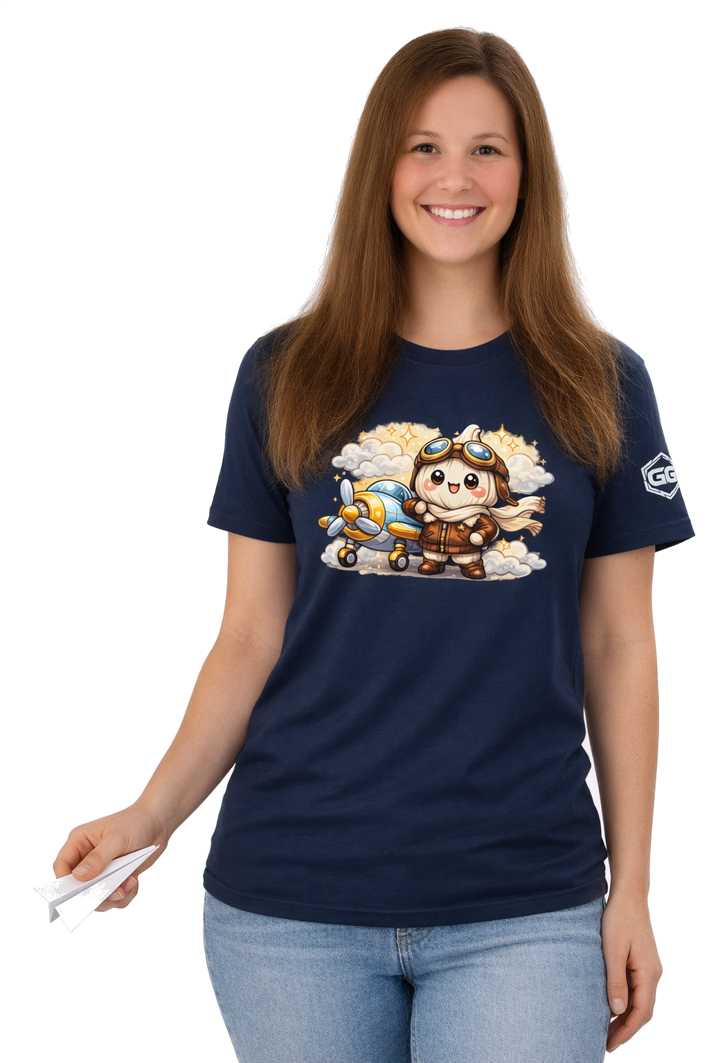 model:9:f | Knoblauch Pilot T-Shirt – Model photo in Navy – Woman