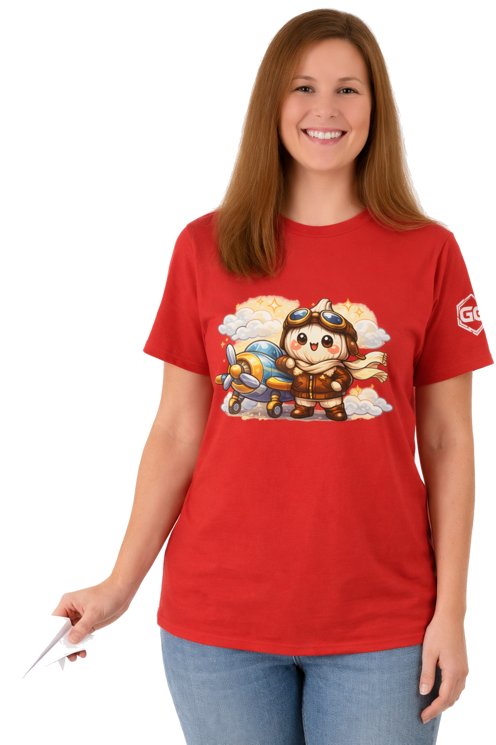 model:10:f | Knoblauch Pilot T-Shirt – Model photo in Red – Woman