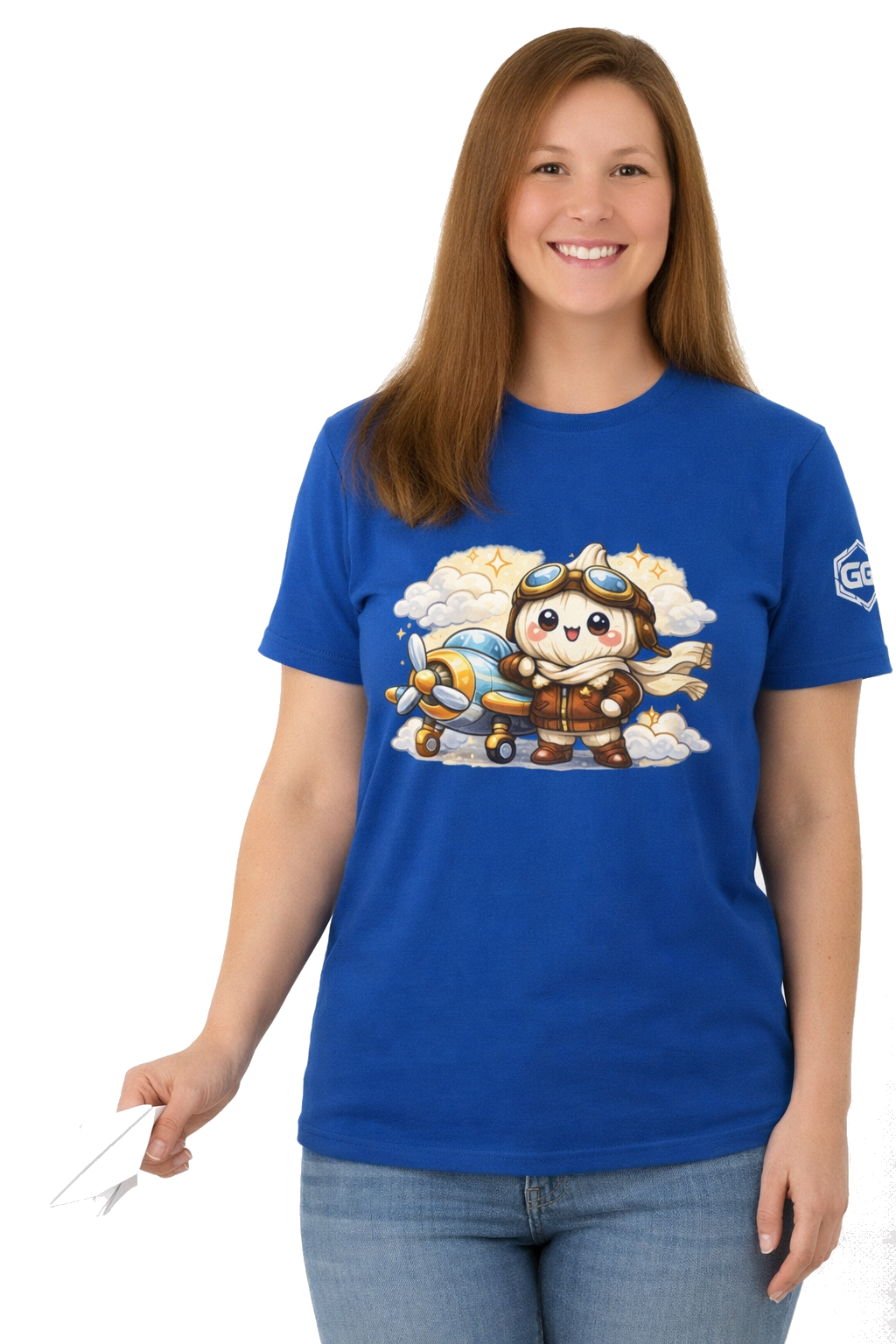 model:8:f | Knoblauch Pilot T-Shirt – Model photo in Royal – Woman