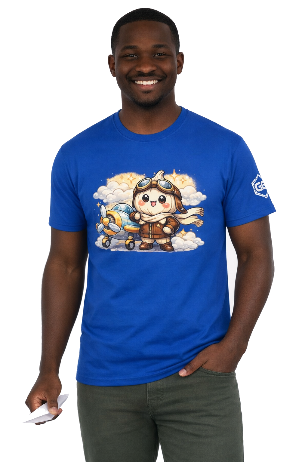 model:8:m | Knoblauch Pilot T-Shirt – Model photo in Royal – Man