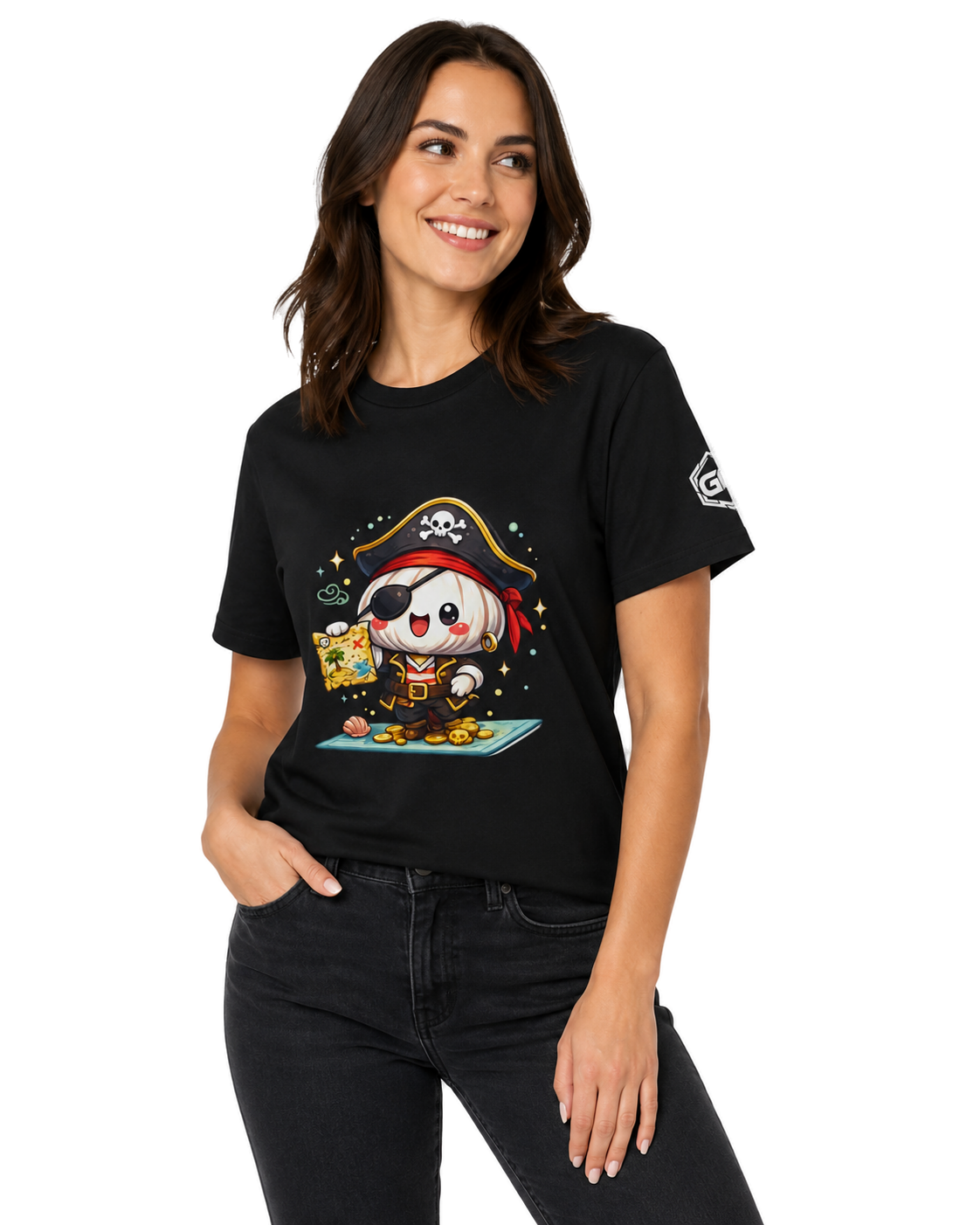 model:1:f | Garlic Pirate T-Shirt – Model photo in Black – Woman