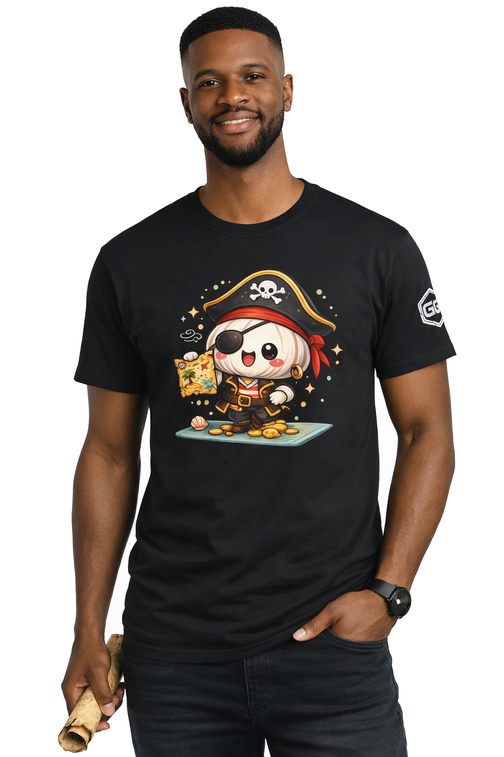 model:1:m | Garlic Pirate T-Shirt – Modelfoto in Schwarz – Mann