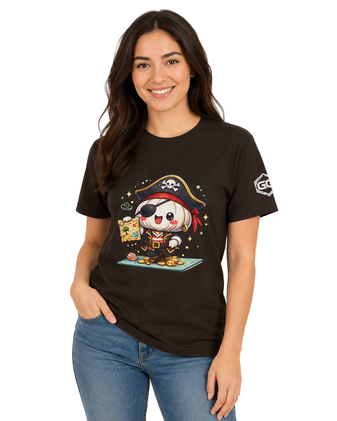 model:3:f | Garlic Pirate T-Shirt – Model photo in Dark Chocolate – Woman
