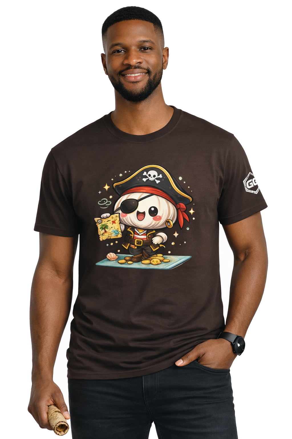 model:3:m | Garlic Pirate T-Shirt – Modelfoto in Dunkelbraun – Mann