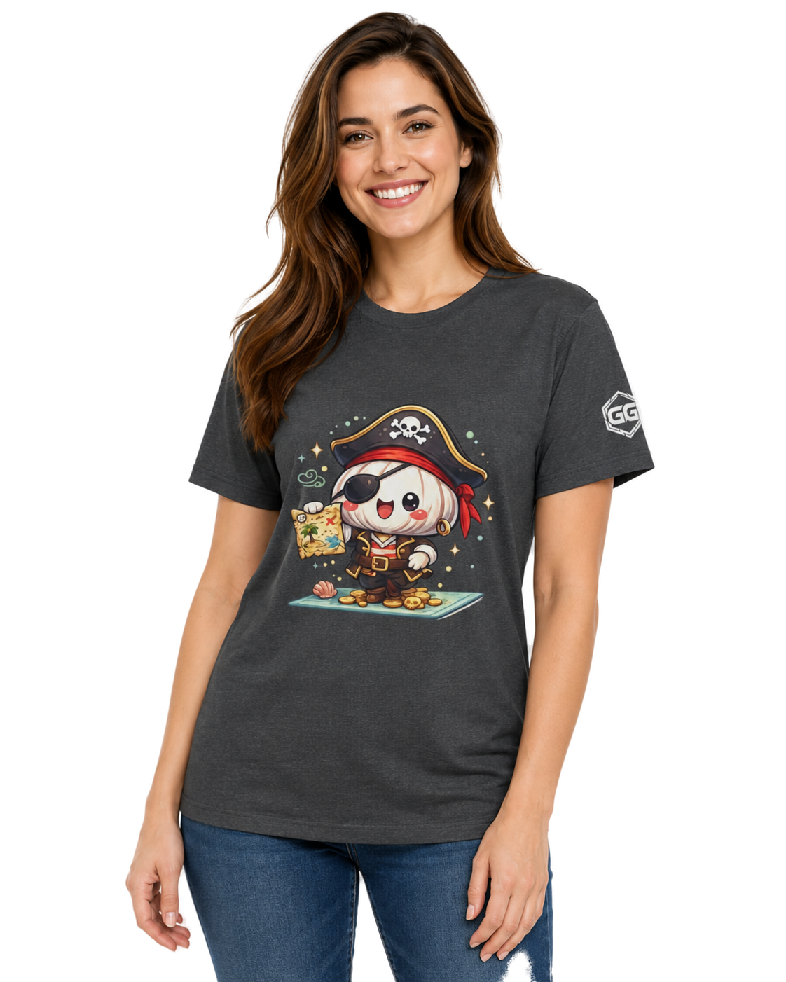 model:6:f | Garlic Pirate T-Shirt – Model photo in Dark Heather – Woman