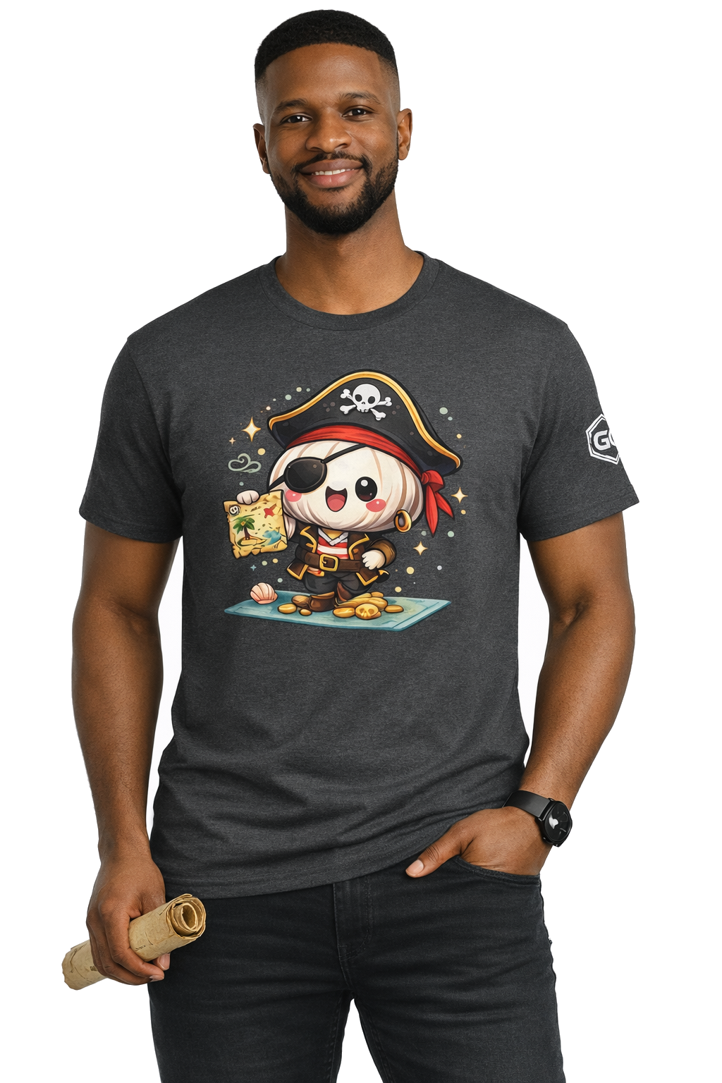 model:6:m | Garlic Pirate T-Shirt – Modelfoto in Dunkelmeliert – Mann