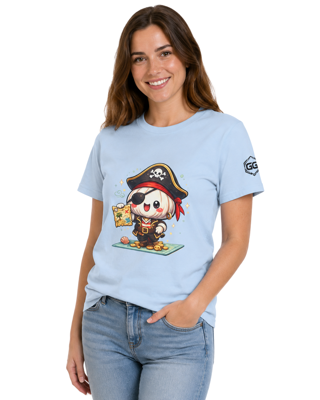 model:7:f | Garlic Pirate T-Shirt – Model photo in Light Blue – Woman