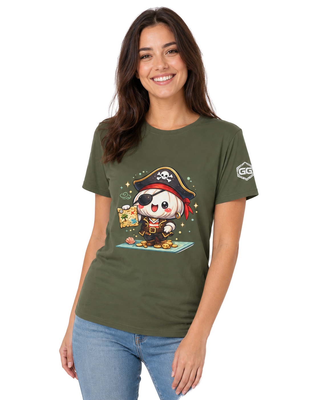 model:5:f | Garlic Pirate T-Shirt – Model photo in Military Green – Woman