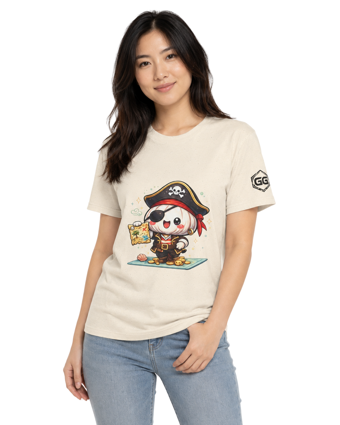 model:4:f | Garlic Pirate T-Shirt – Model photo in Natural – Woman