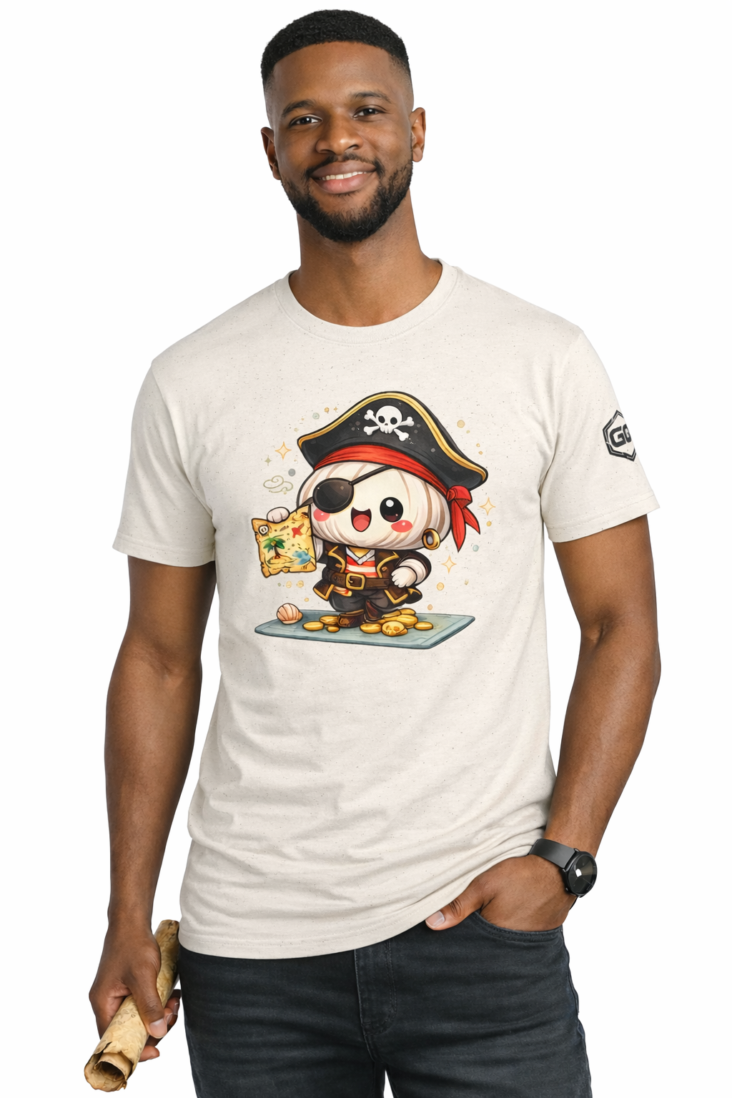 model:4:m | Garlic Pirate T-Shirt – Modelfoto in Natur – Mann
