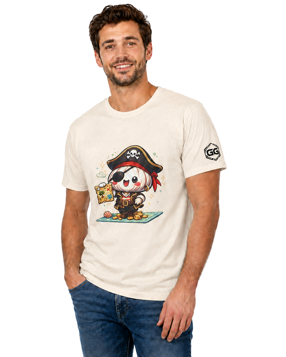 model:4:m | Garlic Pirate T-Shirt – Model photo in Natural – Man