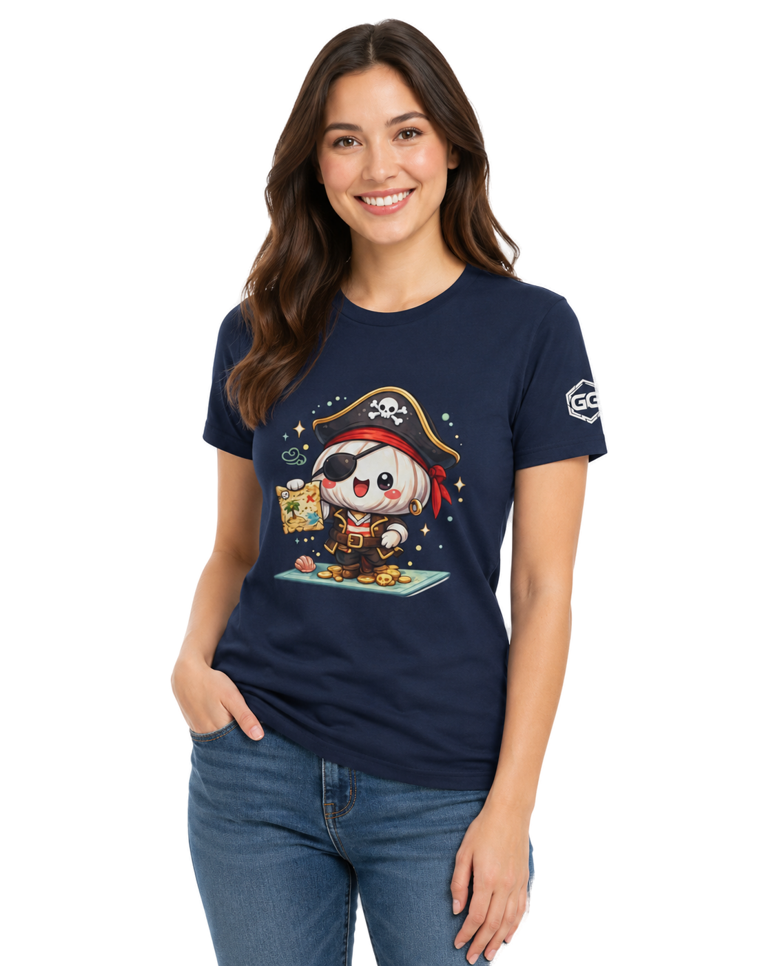 model:9:f | Garlic Pirate T-Shirt – Model photo in Navy – Woman