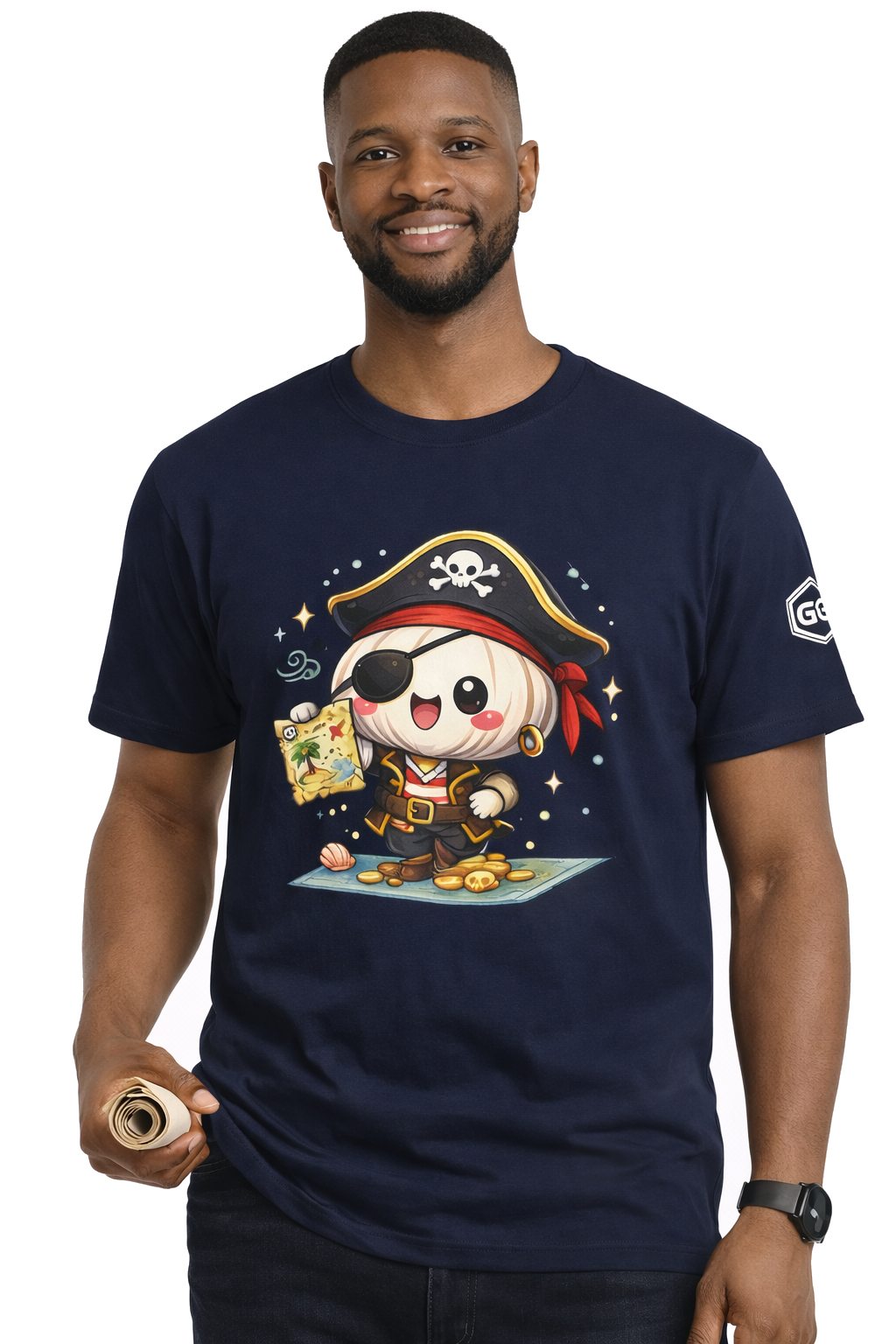 model:9:m | Garlic Pirate T-Shirt – Modelfoto in Navy – Mann