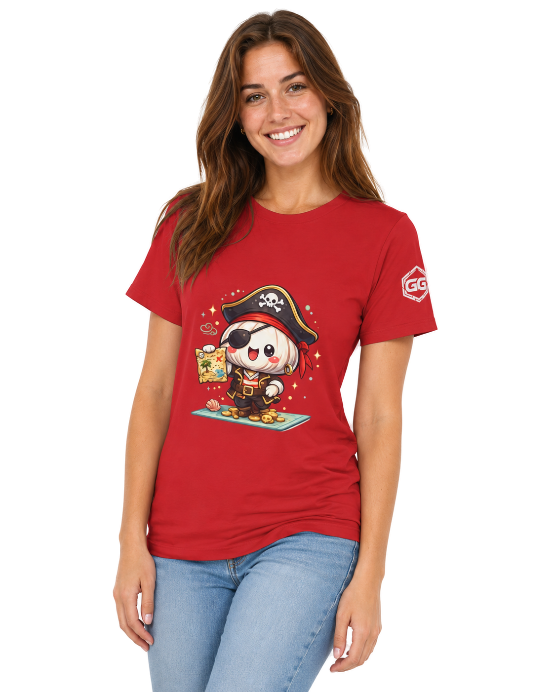 model:10:f | Garlic Pirate T-Shirt – Model photo in Red – Woman