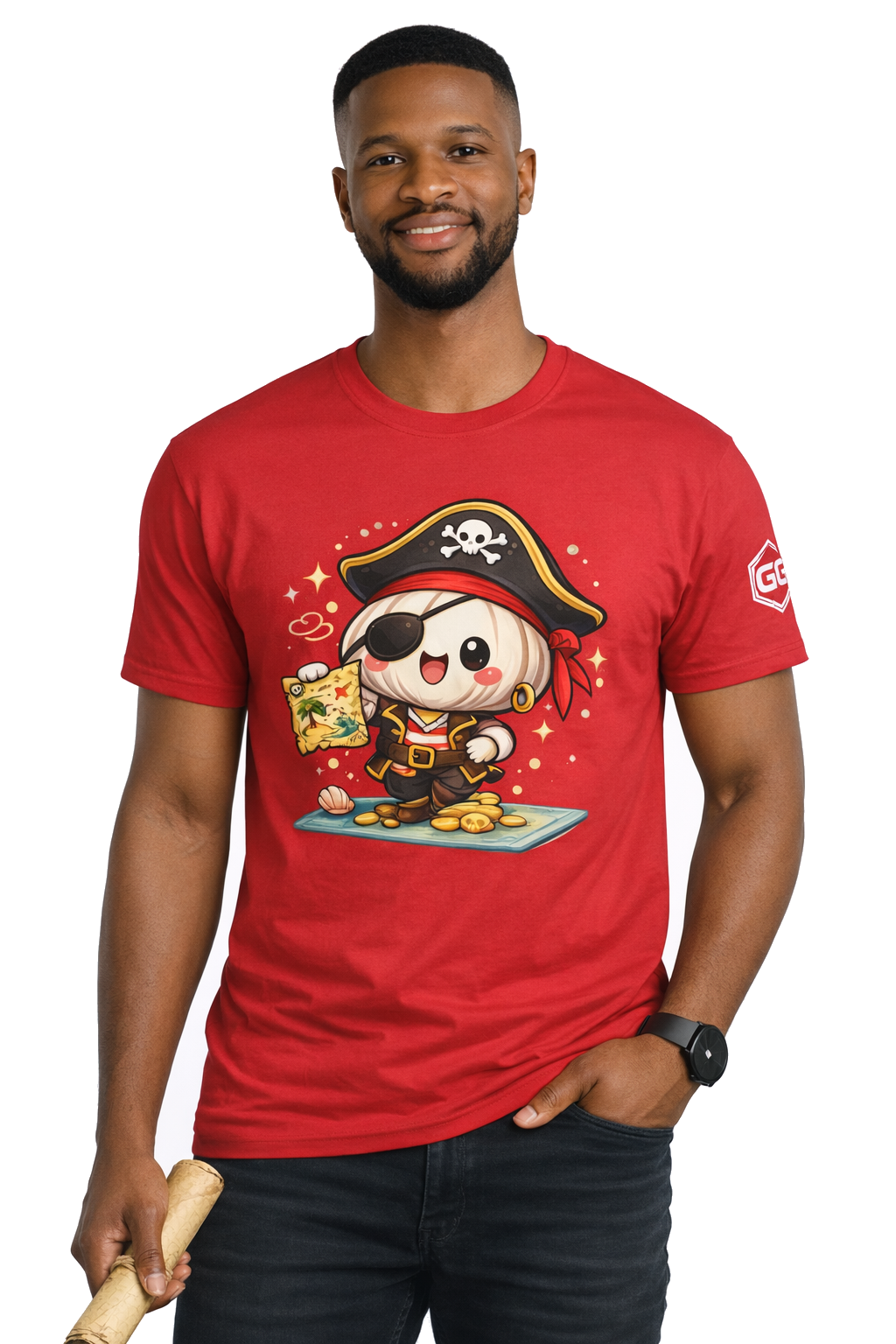 model:10:m | Garlic Pirate T-Shirt – Modelfoto in Rot – Mann