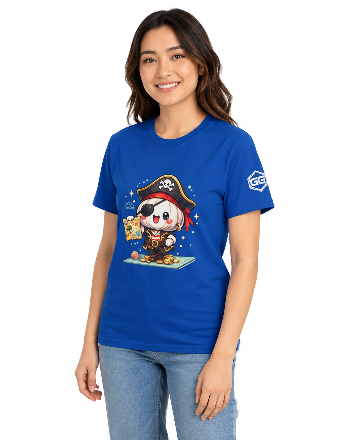 model:8:f | Garlic Pirate T-Shirt – Model photo in Royal – Woman