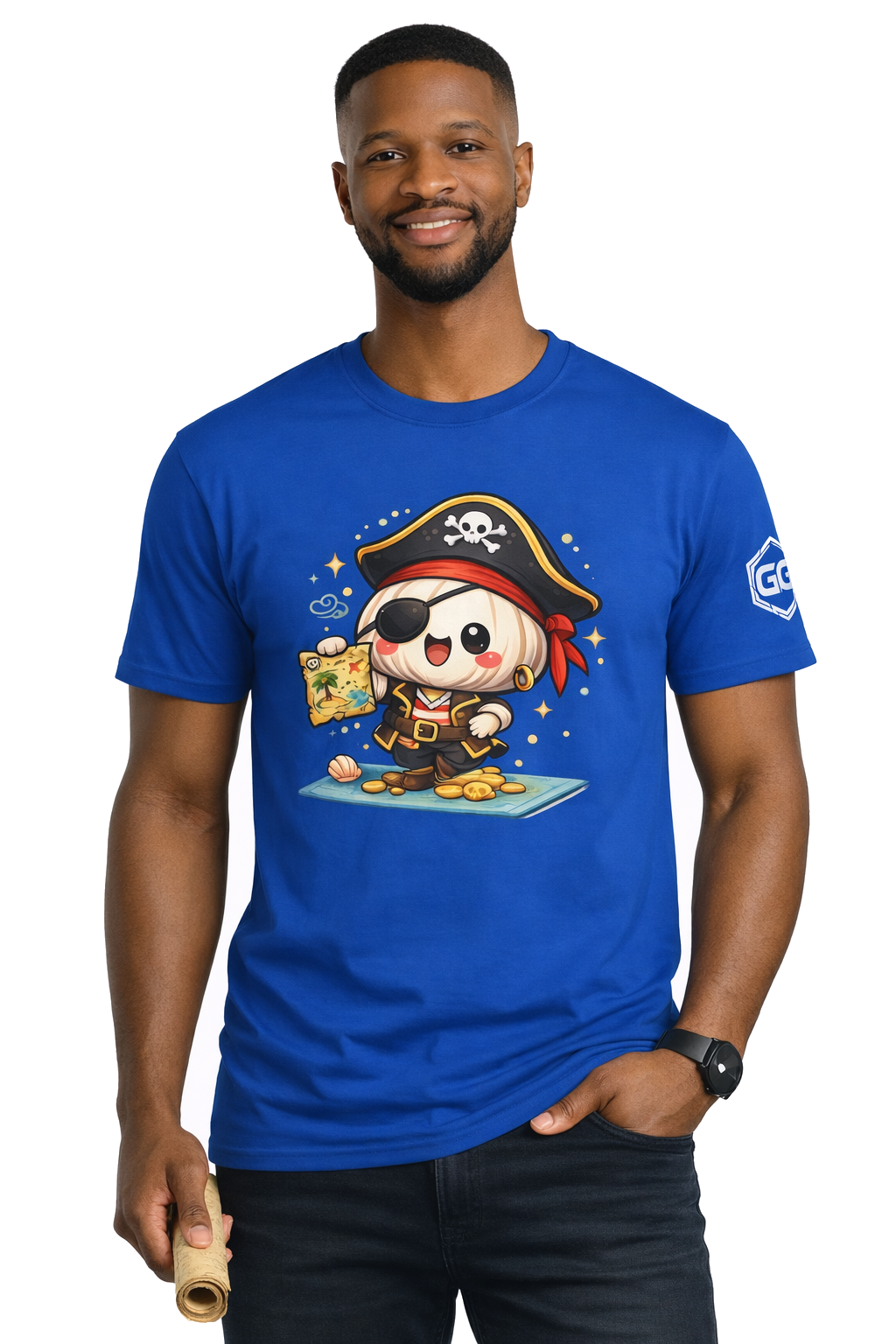 model:8:m | Garlic Pirate T-Shirt – Modelfoto in Royalblau – Mann