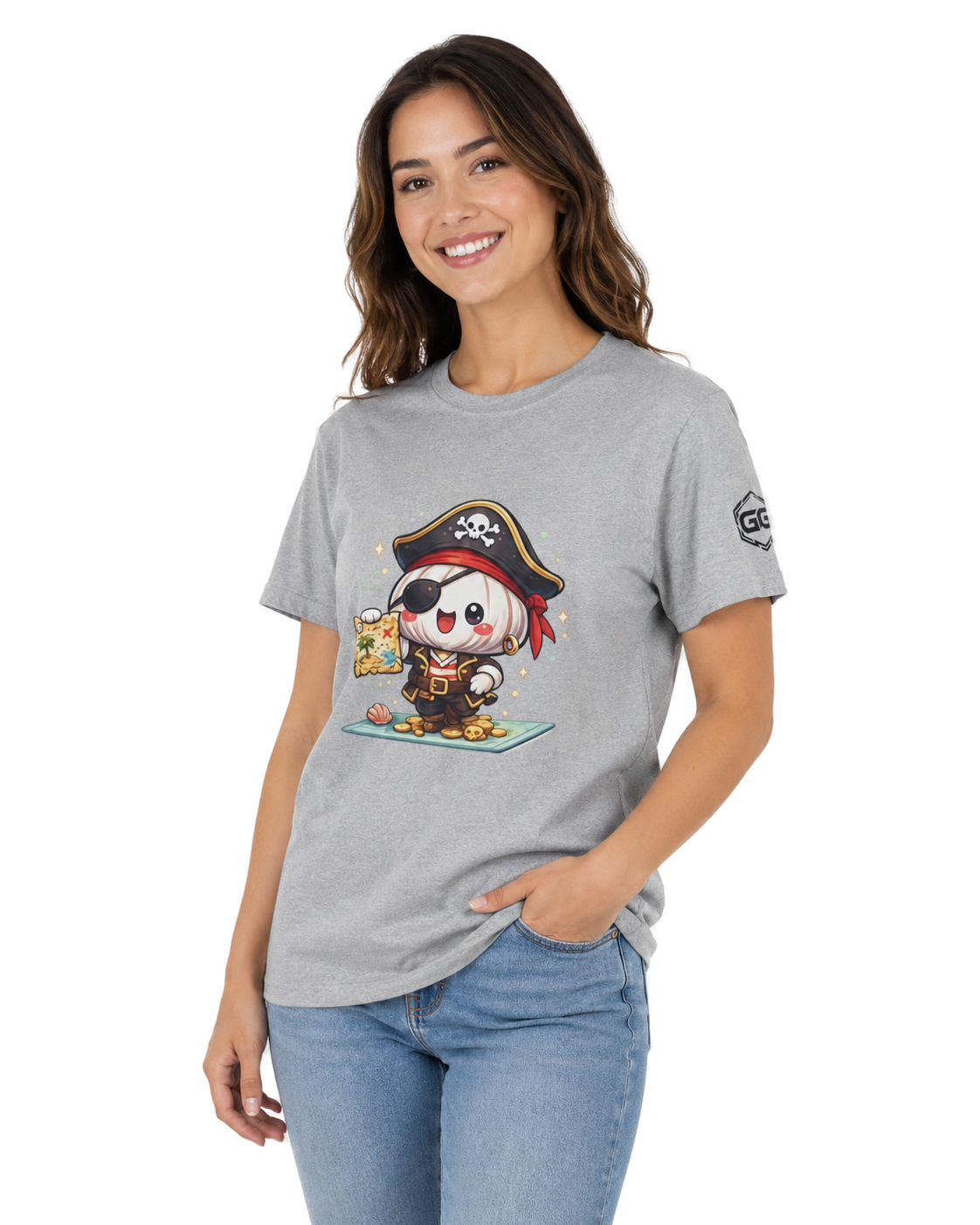 model:2:f | Garlic Pirate T-Shirt – Model photo in Sport Grey – Woman
