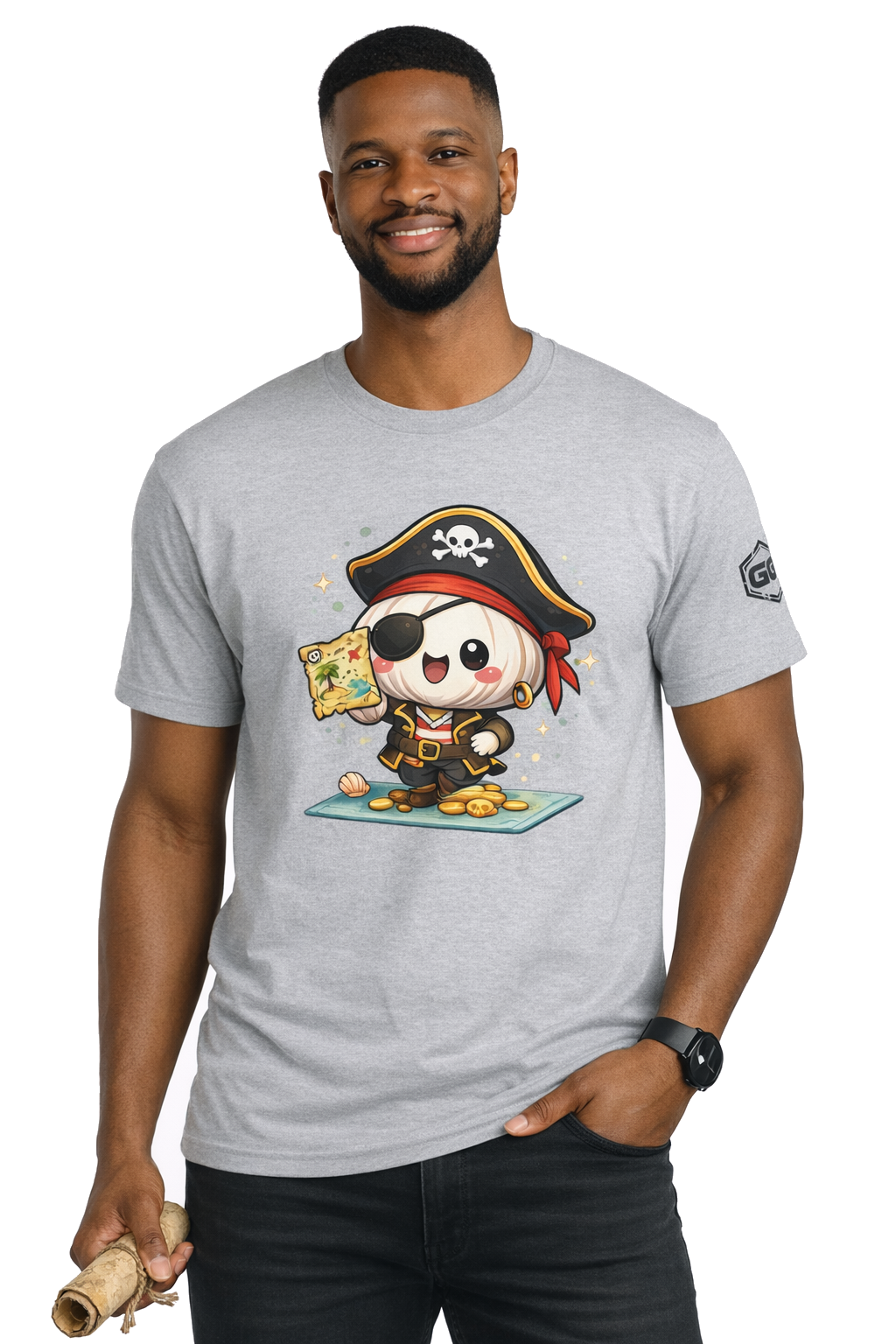 model:2:m | Garlic Pirate T-Shirt – Modelfoto in Sportgrau – Mann