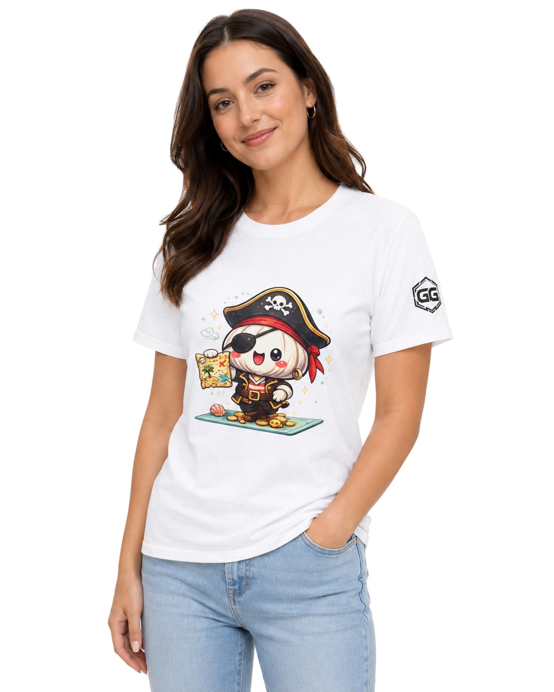 model:0:f | Garlic Pirate T-Shirt – Model photo in White – Woman