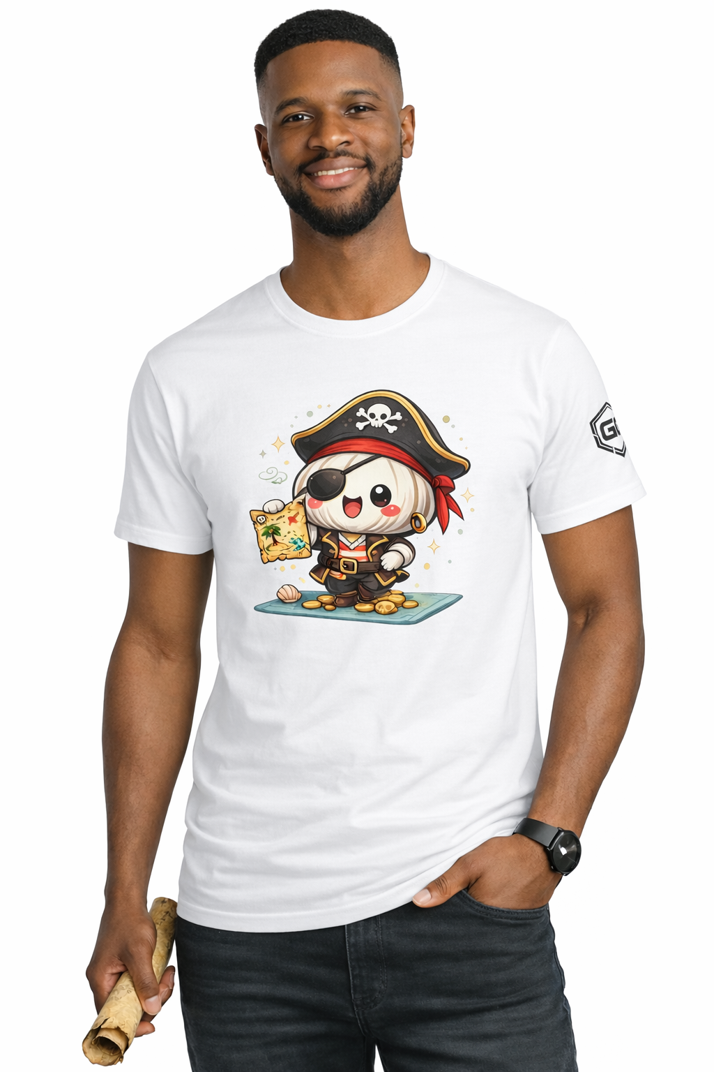 model:0:m | Garlic Pirate T-Shirt – Modelfoto in Weiß – Mann