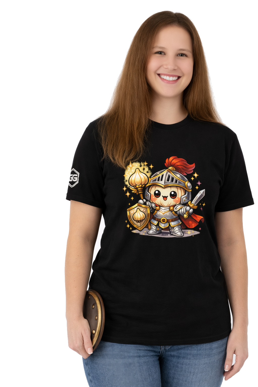 model:1:f | Knoblauch Ritter T-Shirt – Model photo in Black – Woman