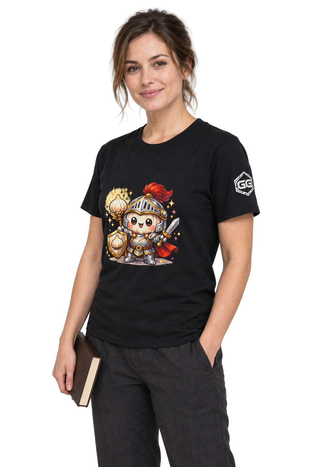 model:1:f | Knoblauch Ritter T-Shirt – Modelfoto in Schwarz – Frau