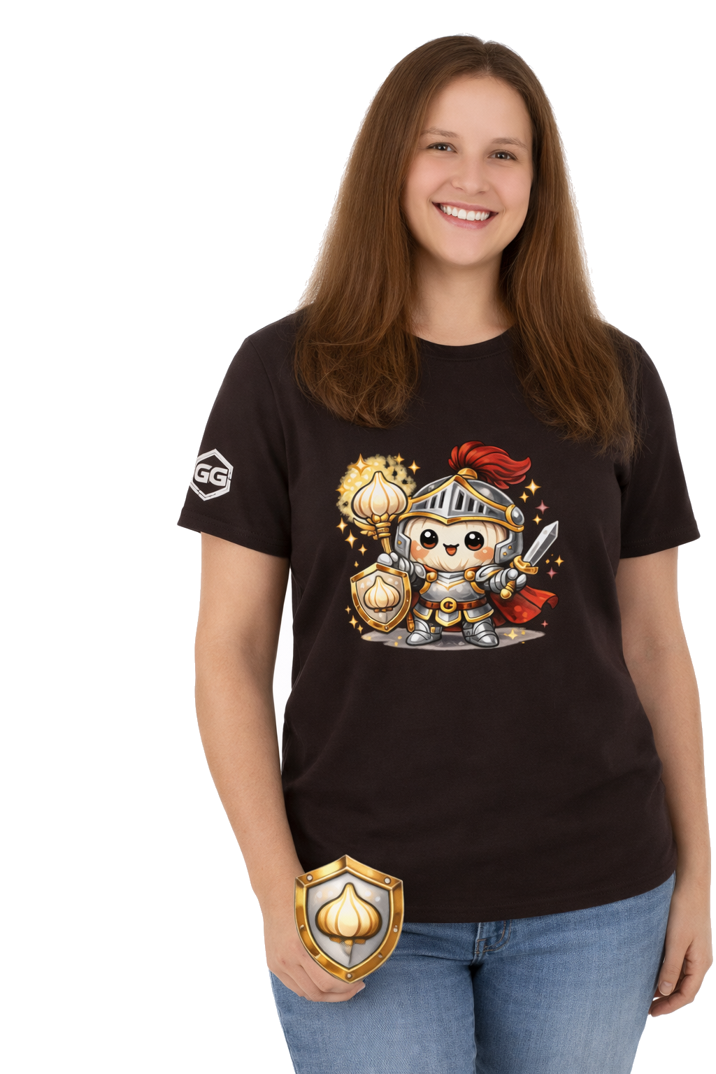 model:3:f | Knoblauch Ritter T-Shirt – Model photo in Dark Chocolate – Woman