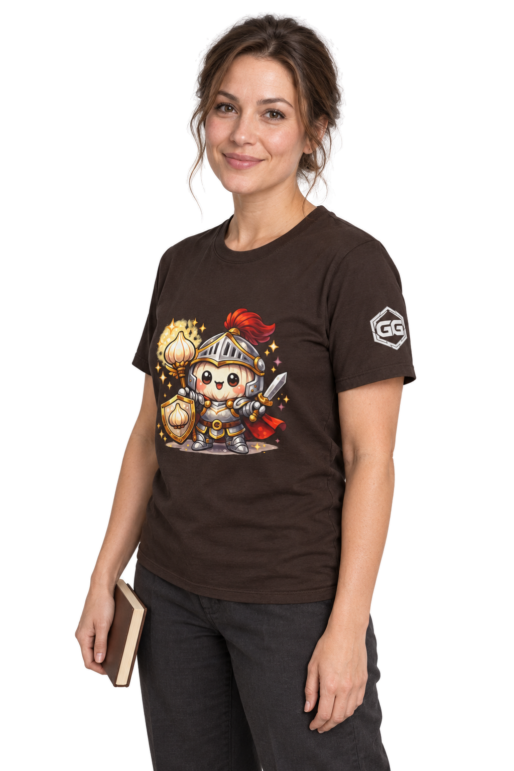 model:3:f | Knoblauch Ritter T-Shirt – Modelfoto in Dunkelbraun – Frau
