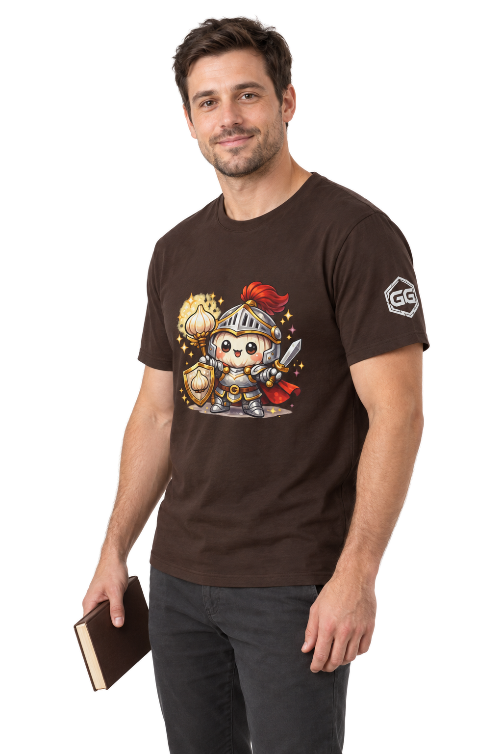 model:3:m | Knoblauch Ritter T-Shirt – Modelfoto in Dunkelbraun – Mann