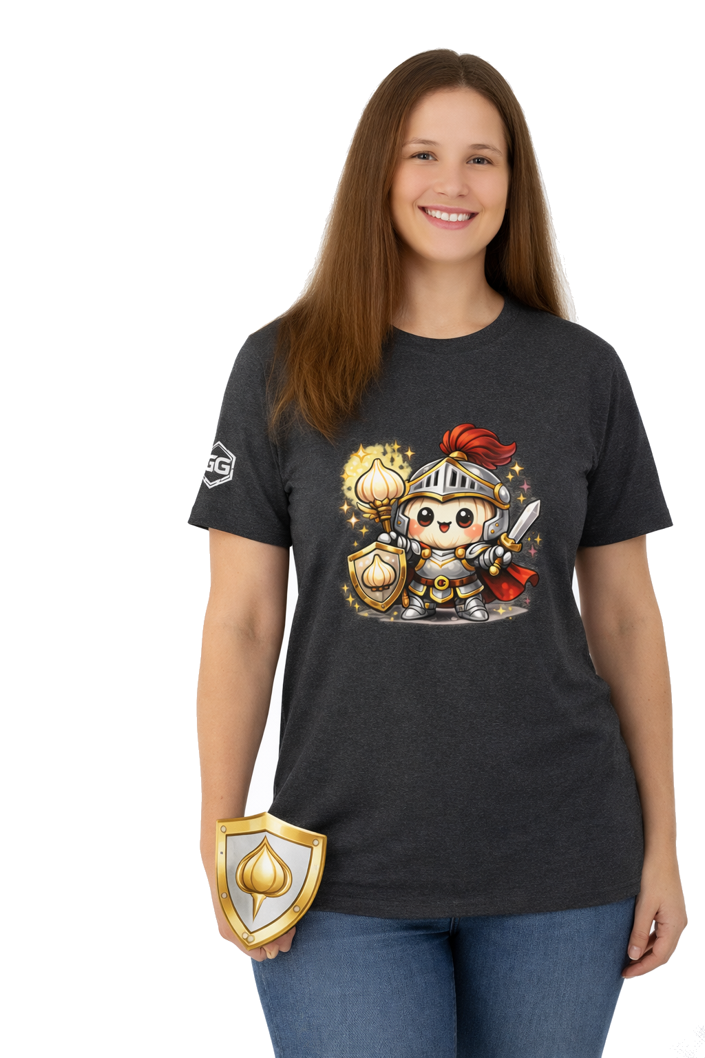 model:6:f | Knoblauch Ritter T-Shirt – Model photo in Dark Heather – Woman