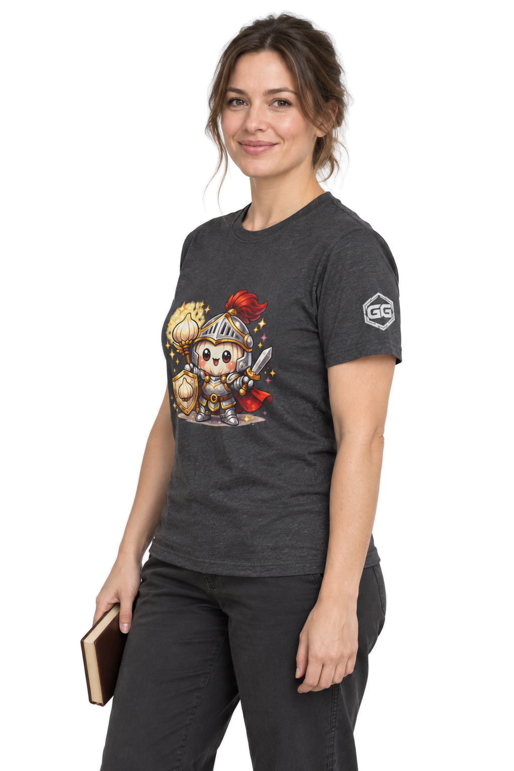 model:6:f | Knoblauch Ritter T-Shirt – Modelfoto in Dunkelmeliert – Frau