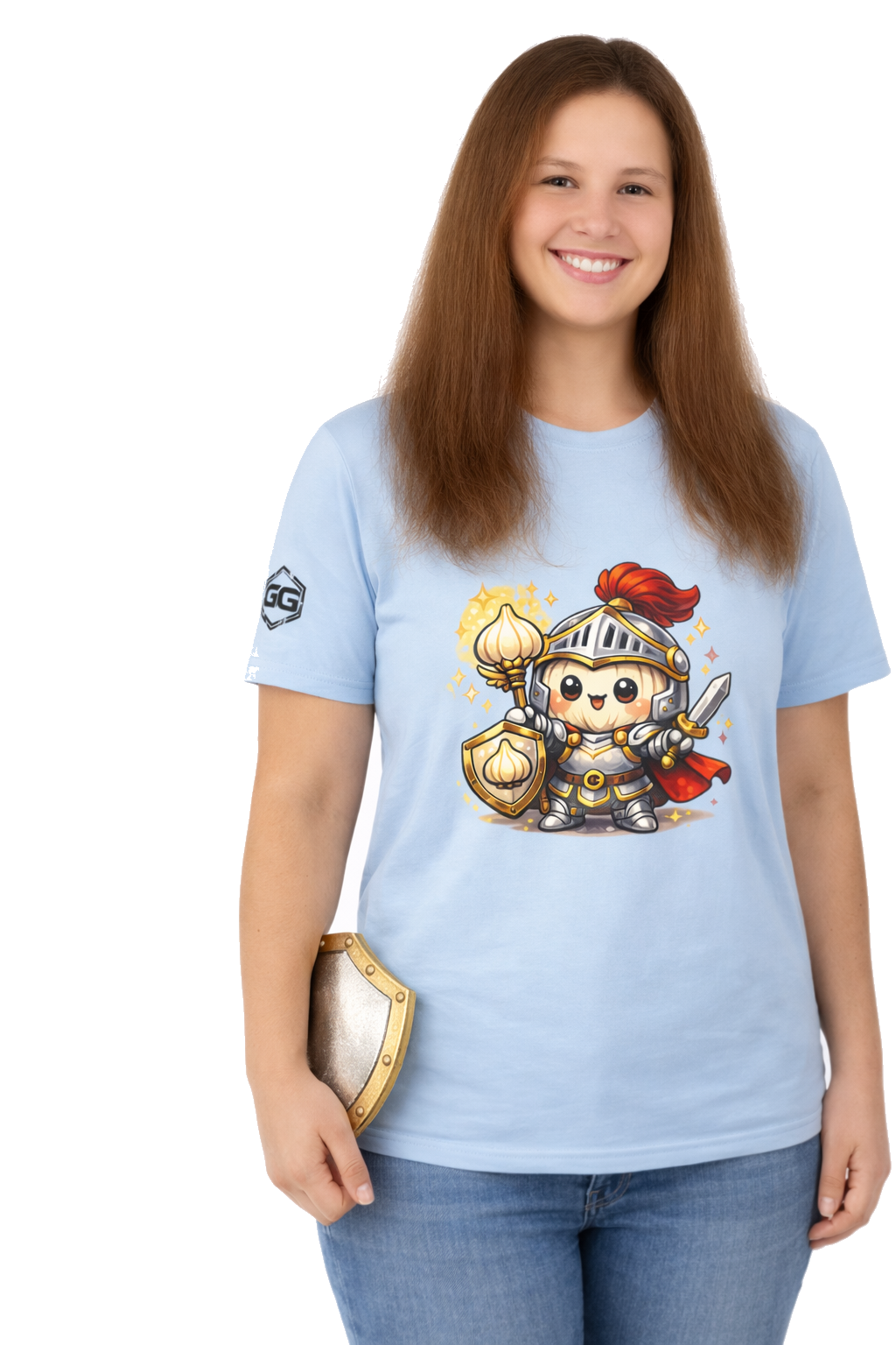 model:7:f | Knoblauch Ritter T-Shirt – Model photo in Light Blue – Woman