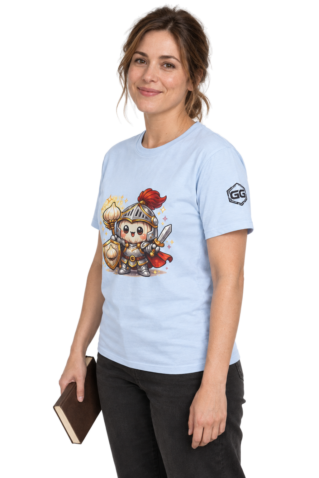 model:7:f | Knoblauch Ritter T-Shirt – Modelfoto in Hellblau – Frau