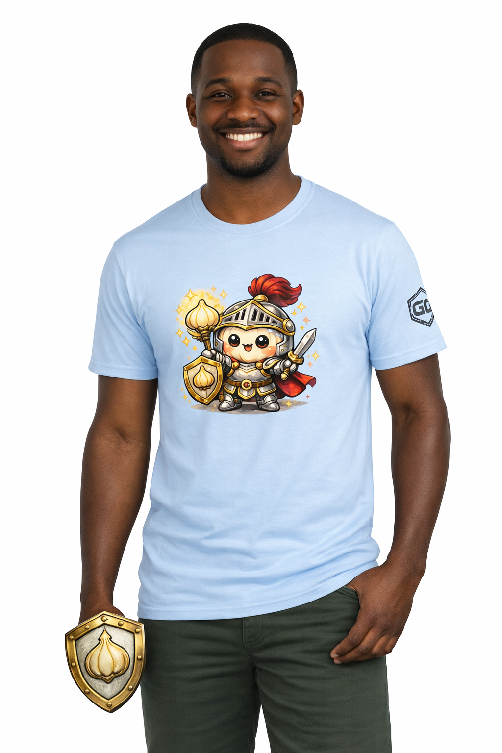 model:7:m | Knoblauch Ritter T-Shirt – Model photo in Light Blue – Man