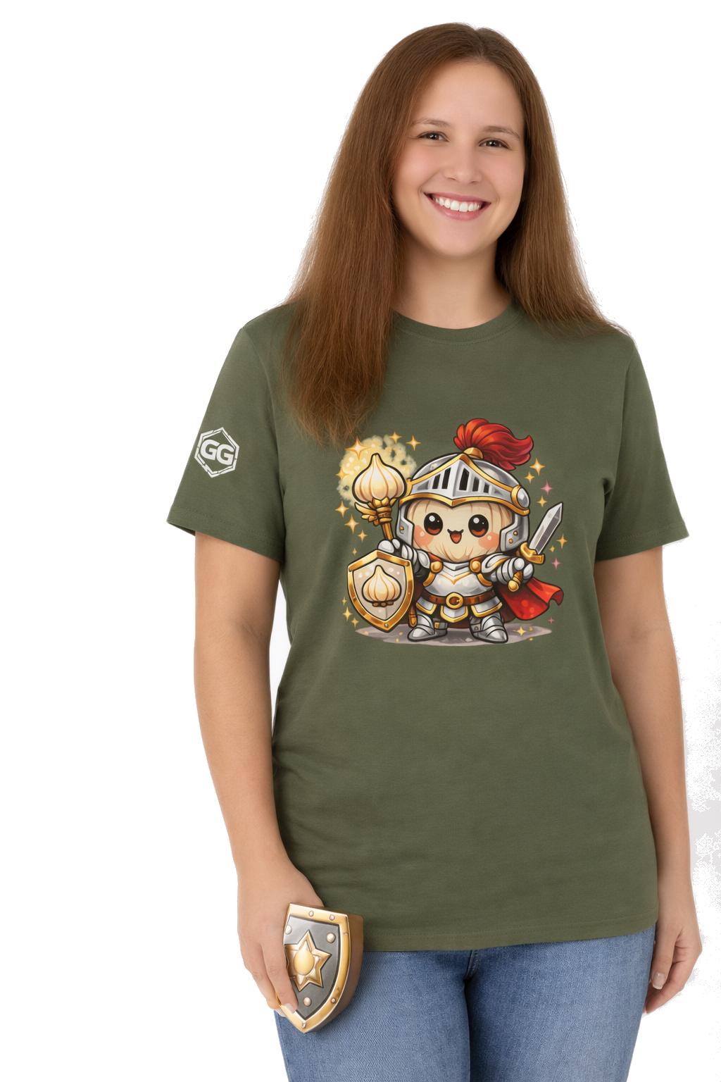 model:5:f | Knoblauch Ritter T-Shirt – Model photo in Military Green – Woman