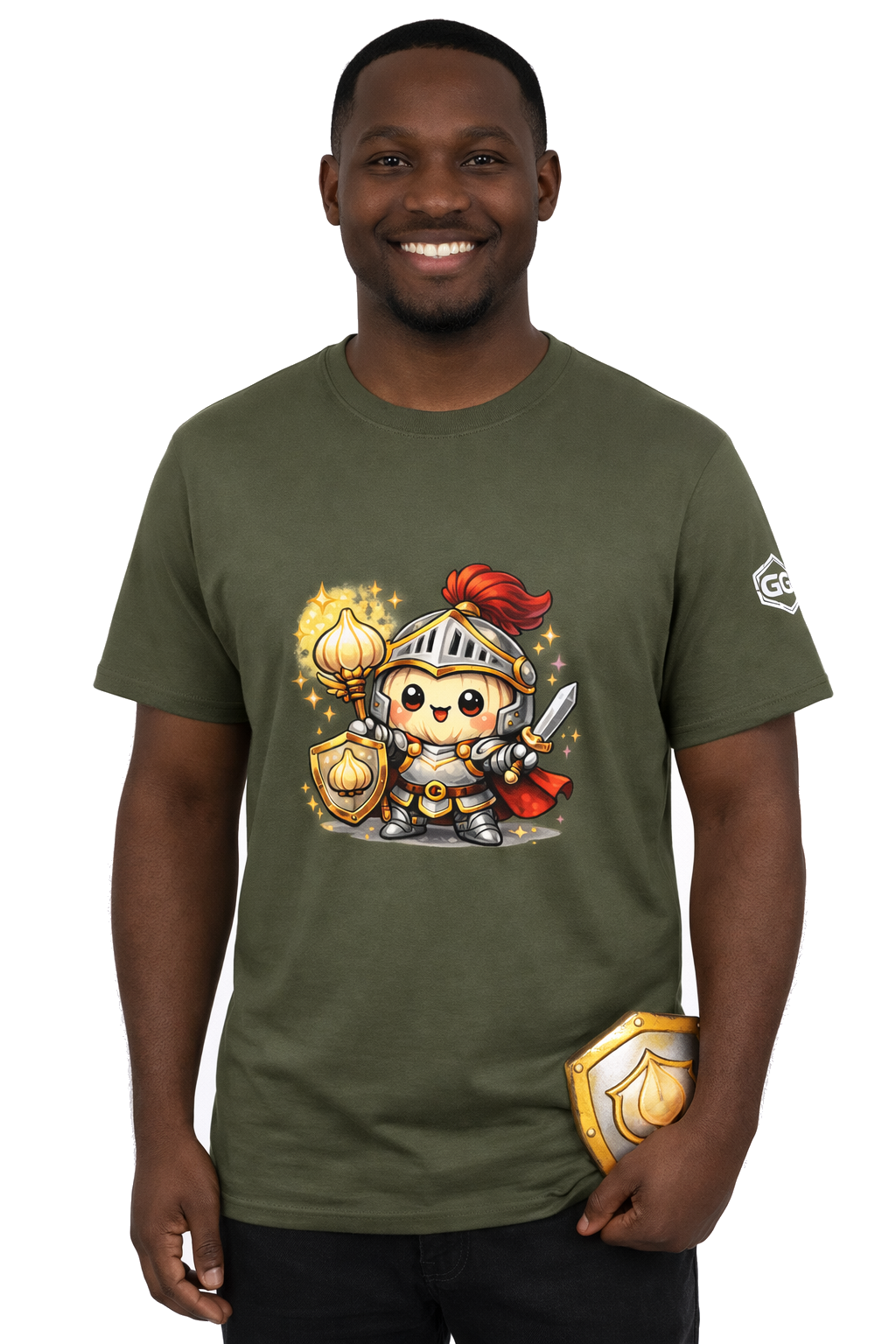 model:5:m | Knoblauch Ritter T-Shirt – Model photo in Military Green – Man