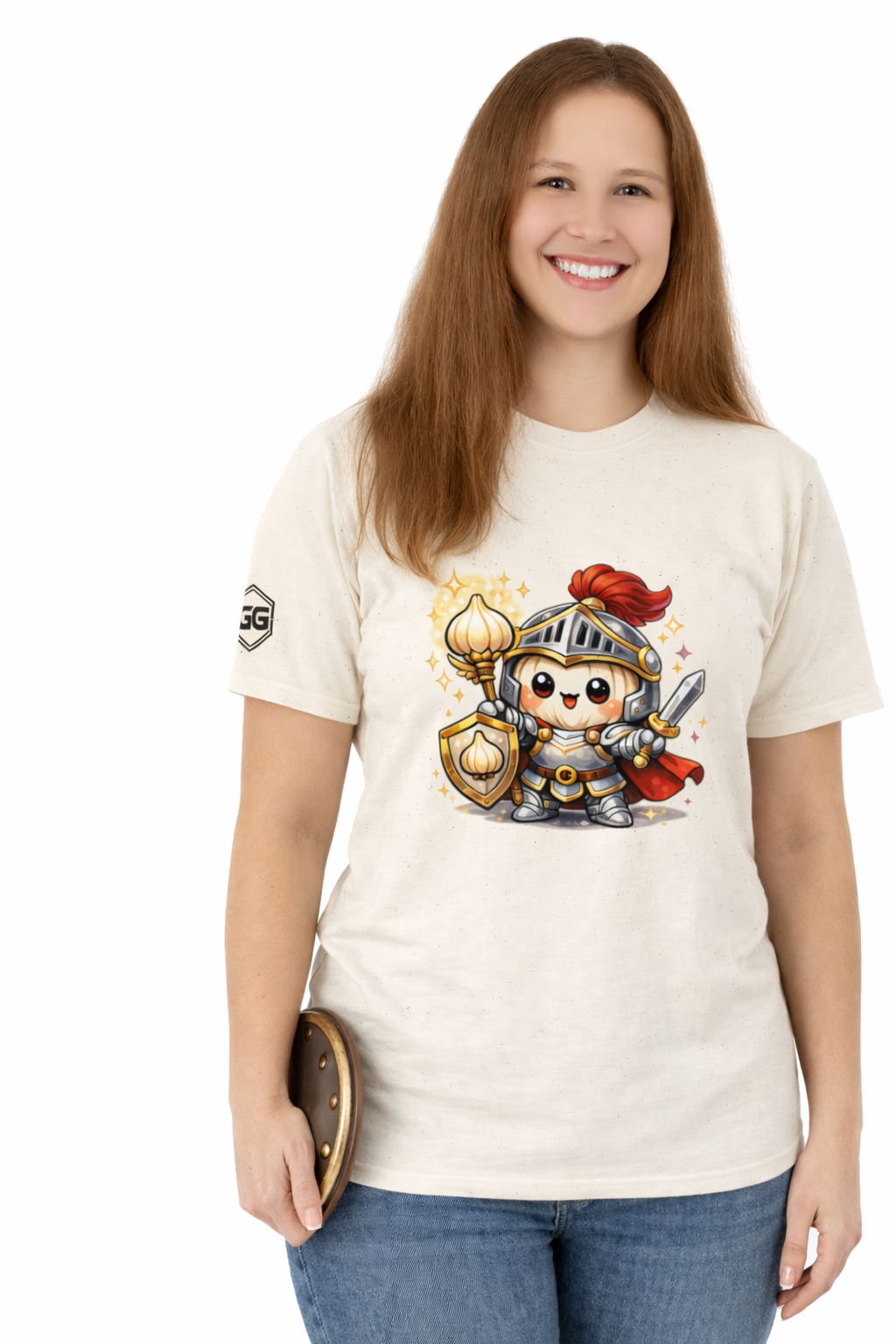 model:4:f | Knoblauch Ritter T-Shirt – Model photo in Natural – Woman