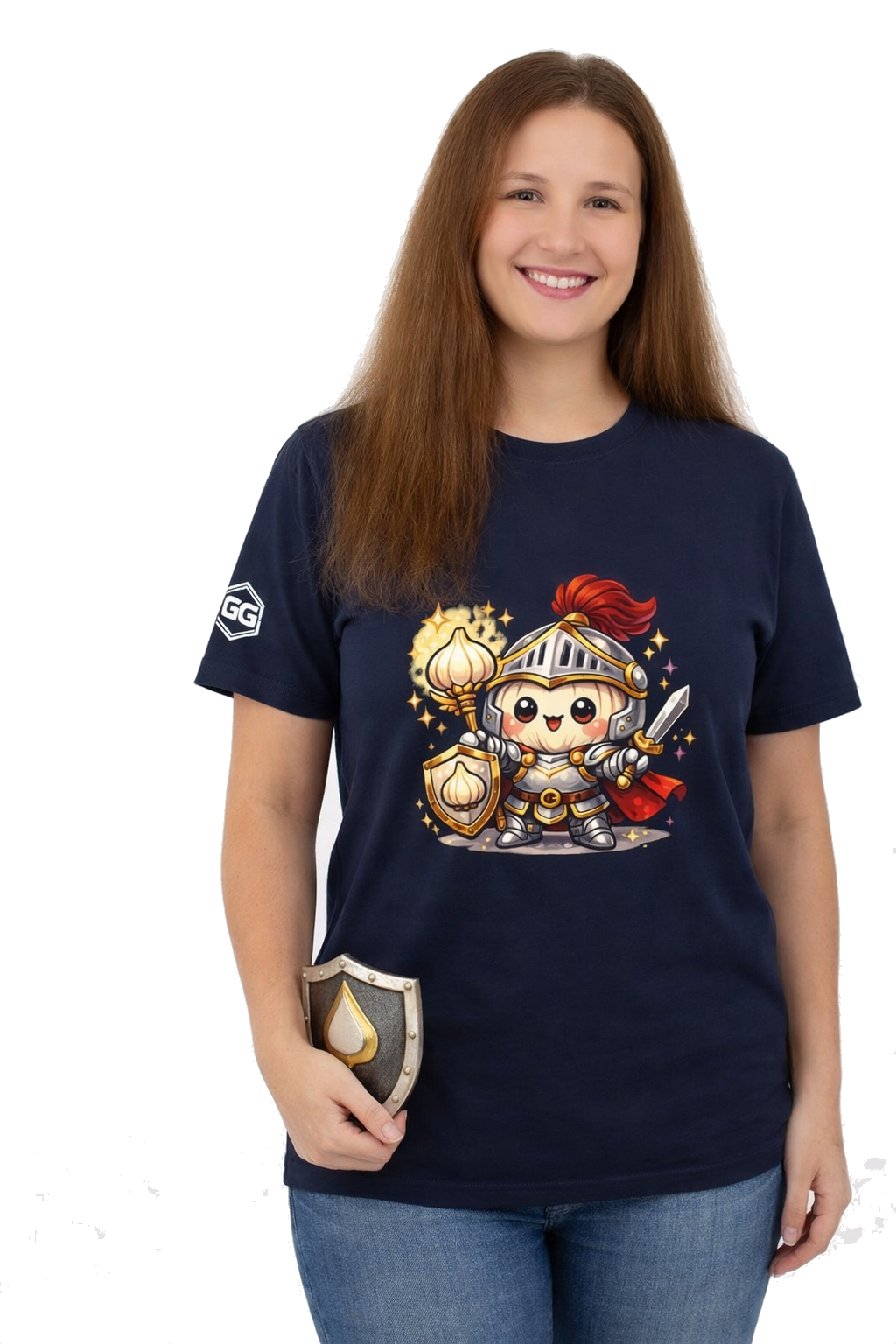 model:9:f | Knoblauch Ritter T-Shirt – Model photo in Navy – Woman