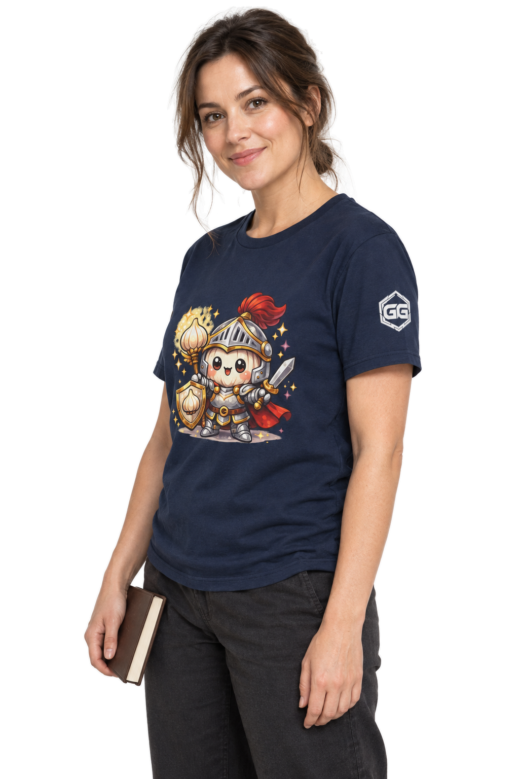 model:9:f | Knoblauch Ritter T-Shirt – Modelfoto in Navy – Frau