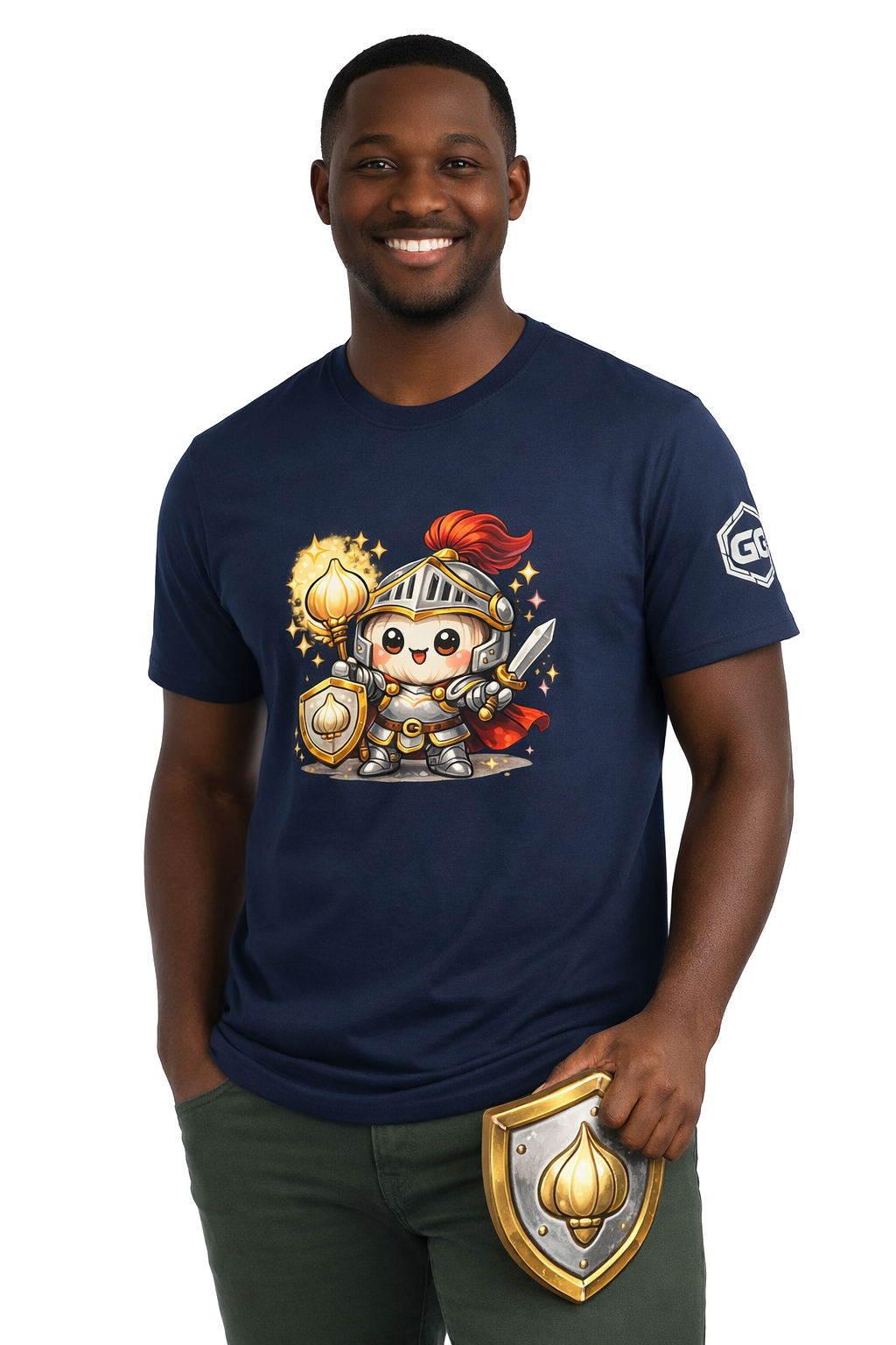 model:9:m | Knoblauch Ritter T-Shirt – Model photo in Navy – Man