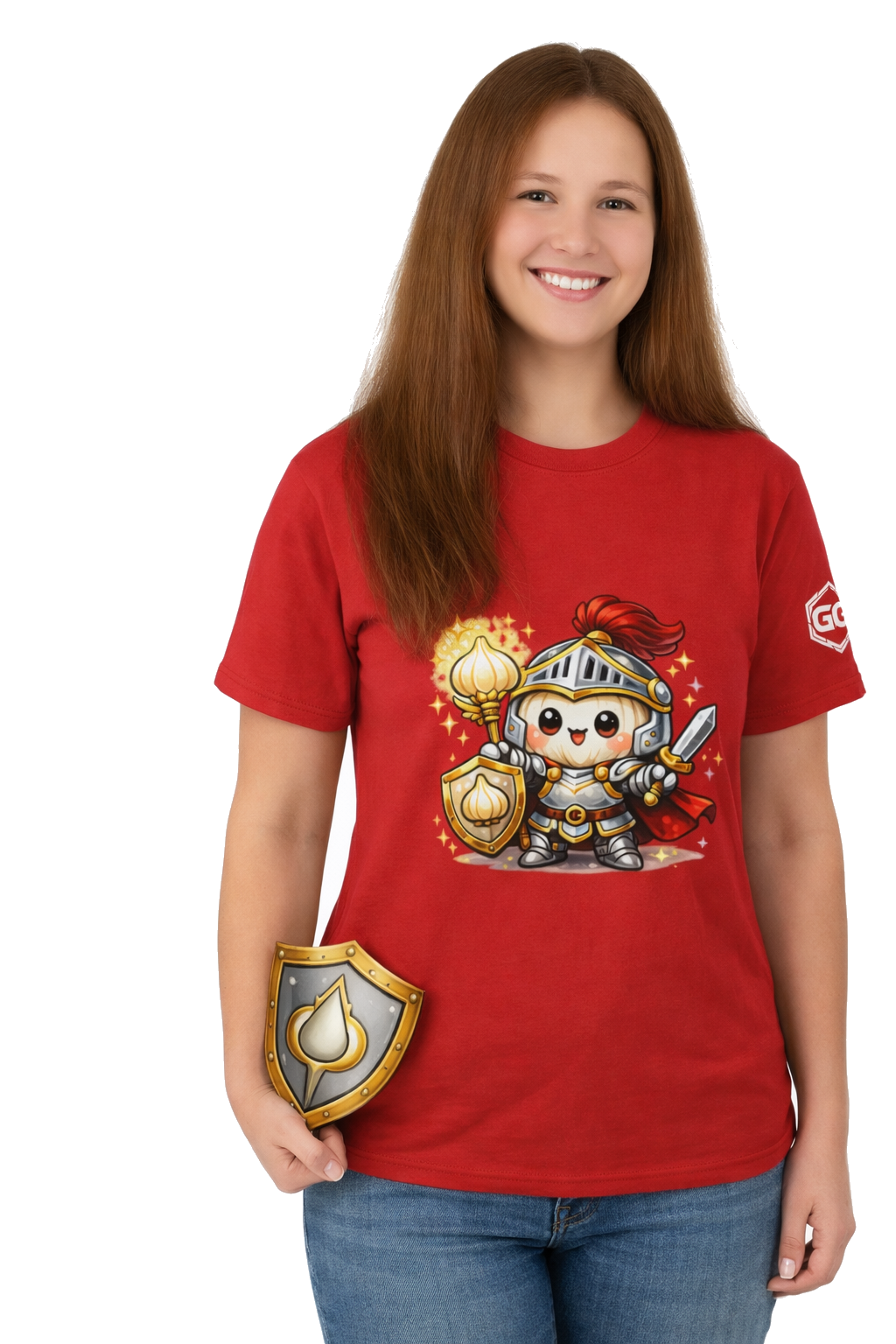 model:10:f | Knoblauch Ritter T-Shirt – Model photo in Red – Woman