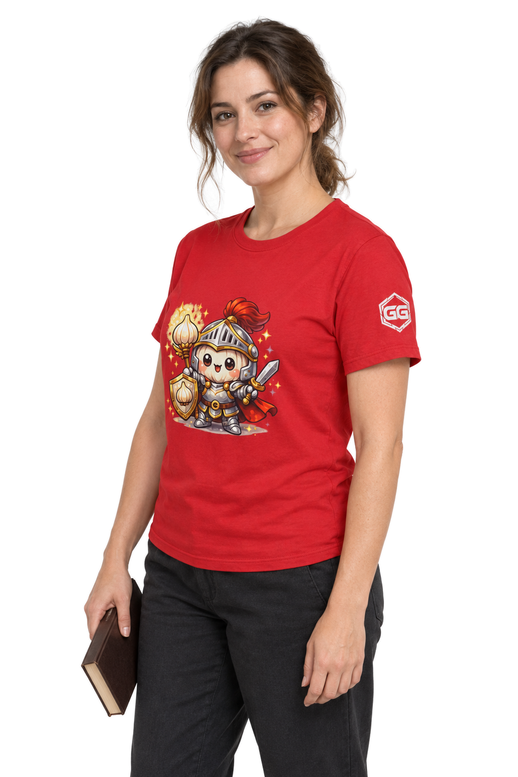 model:10:f | Knoblauch Ritter T-Shirt – Modelfoto in Rot – Frau
